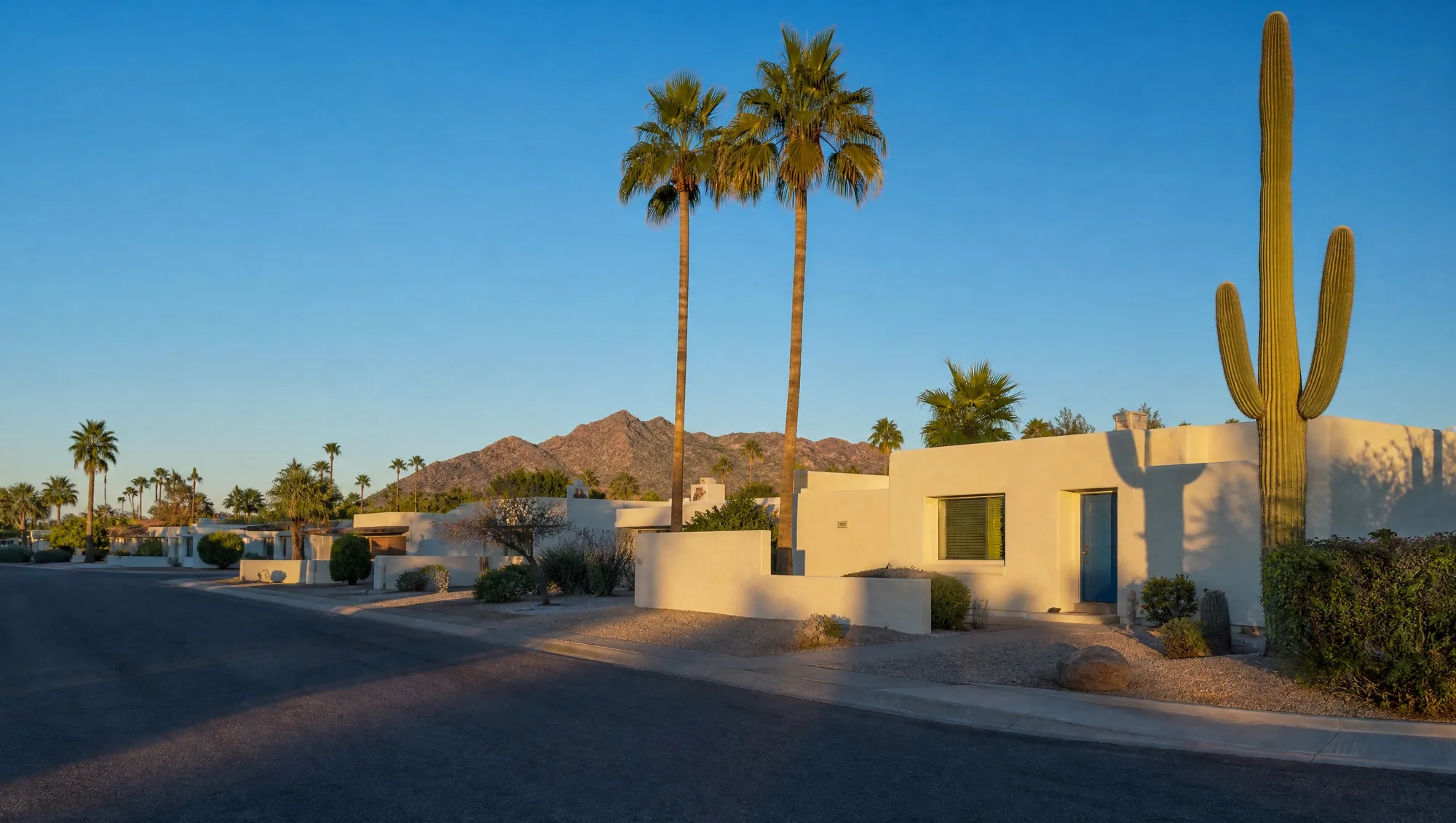 A quiet Phoenix residential street at golden hour, with low white stucco homes, a blue front door catching the last light, tall palms, a saguaro and Camelback Mountain under a deep blue evening sky