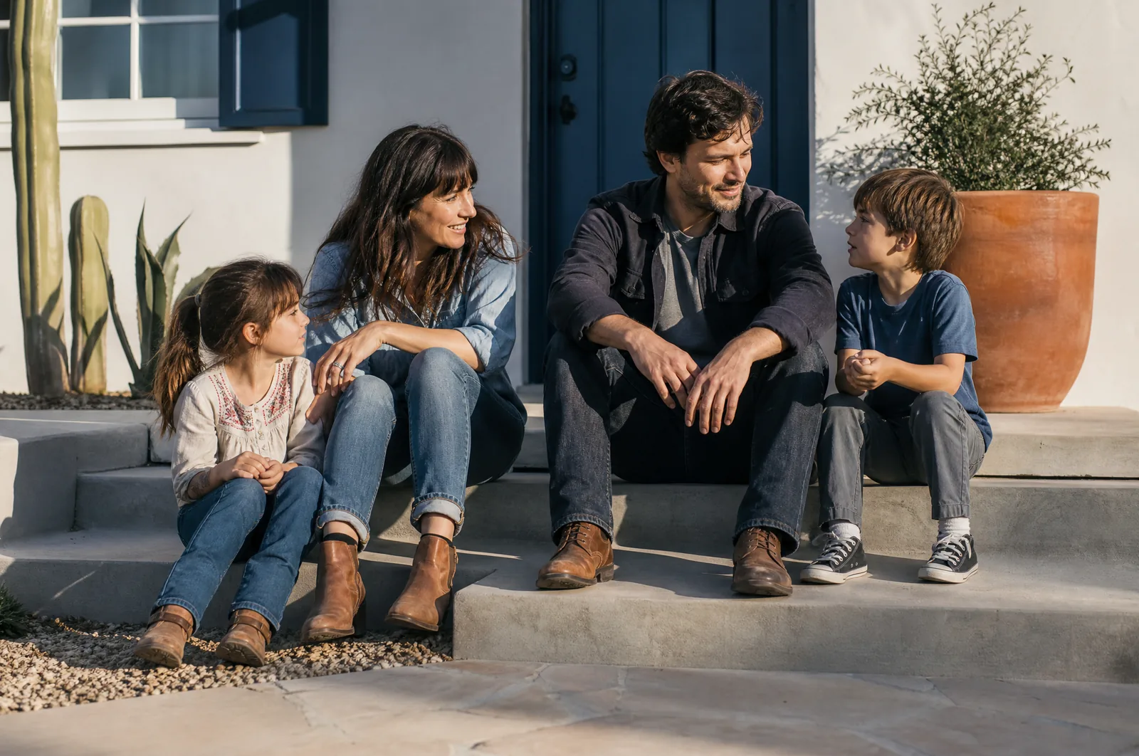 A family of four sitting together on the front steps of their Phoenix home in late afternoon light, mid-conversation, a blue front door behind them